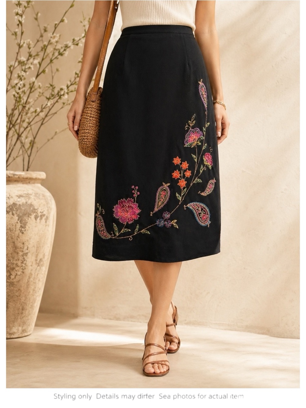 Boho Embroidered Floral Midi Skirt Cottagecore Romantic Black XS S